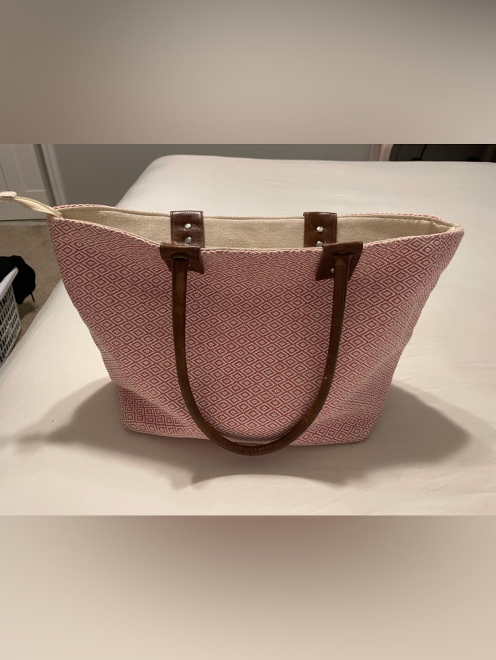 Pink Diamond-Pattern Canvas Tote with Brown Leather Handles